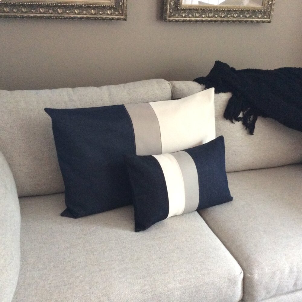 2 NEW Custom Color Block Pillows Navy, Cream Nautical Stripe, Coastal Home Decor